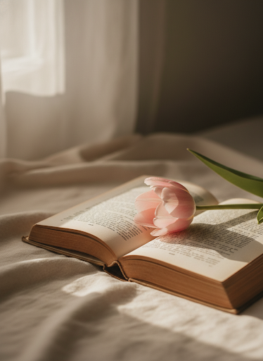 Open book with a pressed tulip on linen